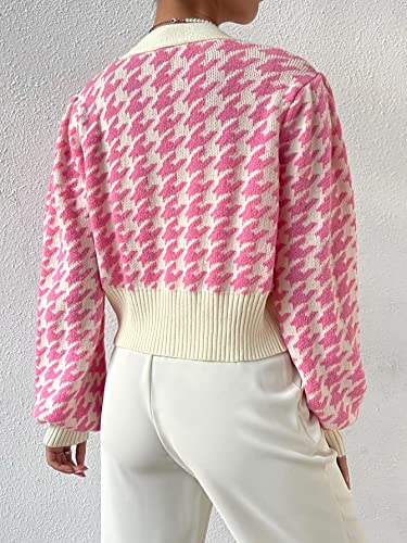 Image of Verdusa Women's Button Front V Neck Long Lantern Sleeve Cropped Cardigan Sweater Pink Medium