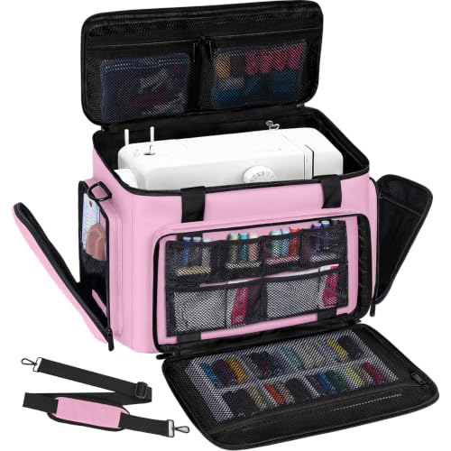 Image of Sewing Machine Carrying Case with Multiple Storage Pockets Large Capacity, Universal Tote Storage Bag Compatible with Most Standard Singer, Brother, Janome, Pink