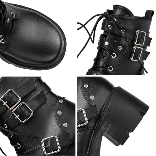 Image of FOREADA Goth Boots Chunky Heel Boot For Women Ankle Combat Booties Black Platform Bootie Buckle Rivets Punk Goth Shoes With Zipper
