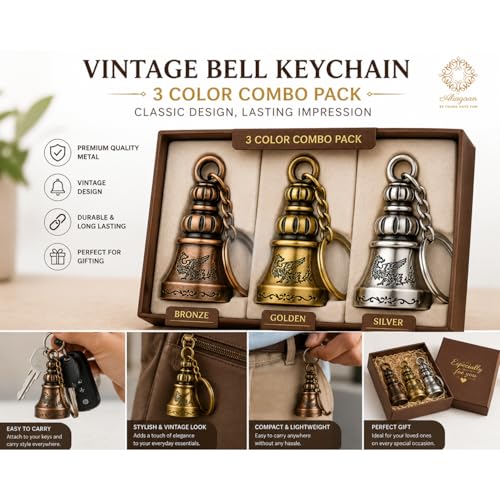 Image of Vintage Bell Keychain, Bronze, Golden and Silver, Premium Metal, Griffin Engraved, 3 Color Combo Set. Antique Vintage Design Keychain for Car, Bike, Bags & Gifts