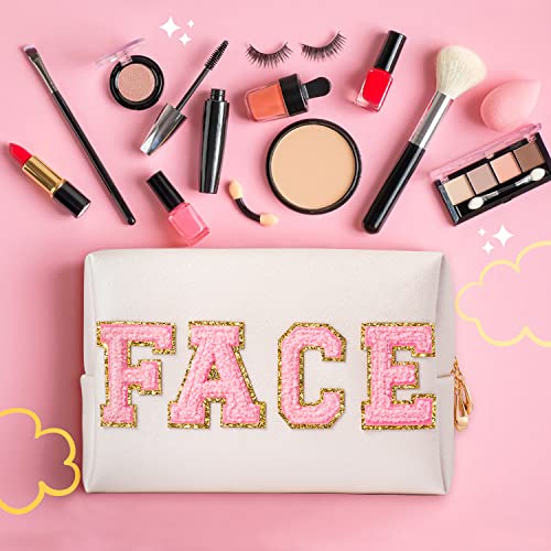 Y1Tvei Preppy Patch Face Letter Cosmetic Toiletry Bag Pu Leather Portable Makeup Bag Sewn With Chenille Varsity Letter Patches Waterproof Zipper Pouch Travel Organizer For Women Girls Teen(Shell Gold) #TOP5