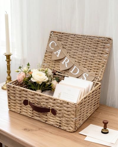 CORALMEE Large Card Box for Wedding 14.2 Seagrass Card Basket with Letter Flag Decorative Wicker Gift Card Boxes for Graduation Party 2026 Wedding Card Box for Reception Baby Shower Bridal Showers