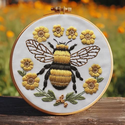 Image of Huacan Embroidery Kit for Beginners Adults Includes Stamped Bee Pattern, Hoop, Color Threads,Tools,Easy to Follow Instruction