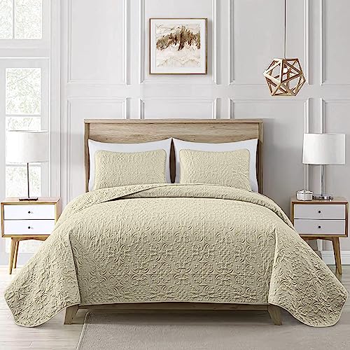 Chezmoi Collection Luca 3-Piece Oversized Bedspread Set, Queen Size, Beige - Summer Quilt Lightweight Microfiber Bedspread 100 x 106 - Floral Medallion Pattern Coverlet for All Season