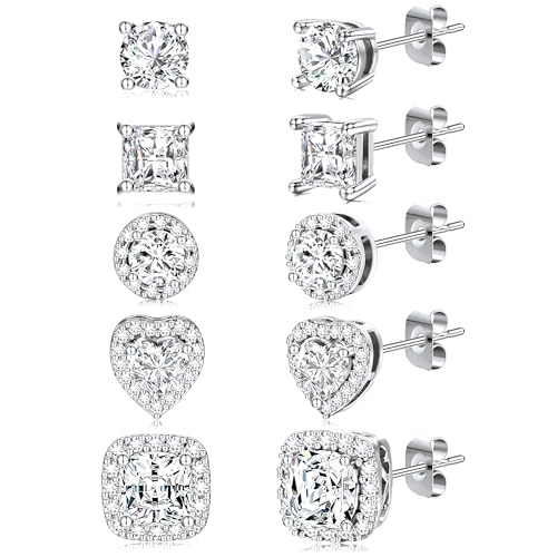 Image of 5 Pairs 14K Gold Plated Stud Earrings for Women, Hypoallergenic Earring Sets for Multiple Piercing, Premium Cubic Zirconia Studs Earrings for Women