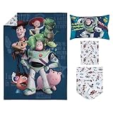 Disney Toy Story Parure de lit 4 pièces pour enfant avec couette, drap housse, drap plat et taie d'oreiller réversible Bleu/vert/blanc