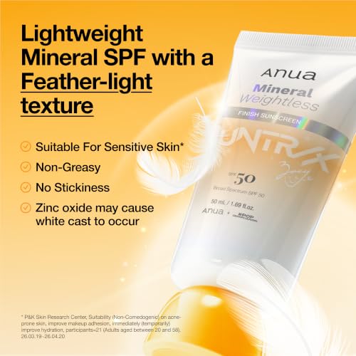 Image of Anua Mineral Weightless Finish Sunscreen SPF 50, Broad Spectrum, Zinc-Based for Sensitive Skin, Lightweight Hydrating Lotion Texture, Under Makeup, KPop Demon Hunters, Korean Skincare, 1.69 fl oz