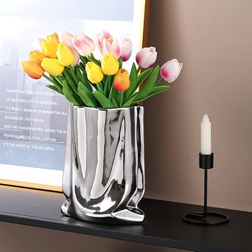 Sliver Ceramic Vase - 9.1 Inch Tall Flower Vase Minimalist Nordic Style For Home Decor, Centerpiece Vases For Wedding Dinner Table Party Living Room Office Bedroom #TOP7