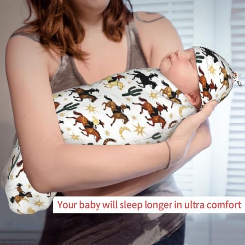 Image of Lcokin Vintage Western Baby Stuff Swaddle Blanket with Hat, Newborn Receiving Blanket Set