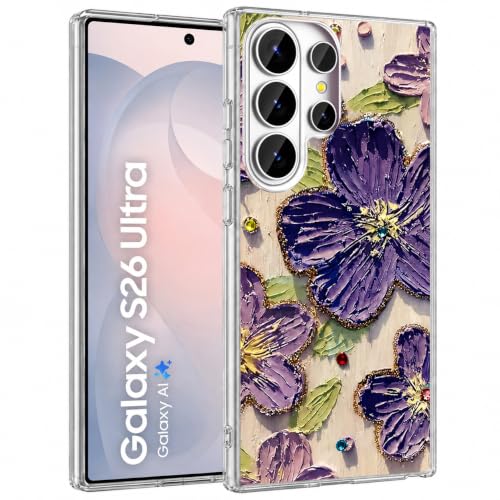 Image of Elzzi Compatible with Samsung S26 Ultra Case Laser Flower Oil Painting Cute Colorful Blue Ray Bumper with Full Camera Protection Shockproof PC+TPU Glossy Shiny Cover for Girls Women, Purple