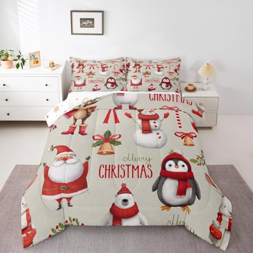 Erosebridal Merry Christmas Comforter Set Kids Santa Claus Bedding Set Twin Size Cute Deer Penguin Down Comforter for Boys Girls Xmas Bedroom Decor Christmas Bell Snowman Duvet Sets