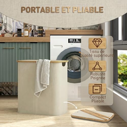 Panier à linge double pliable 80 L beige avec couvercle HOMCOM