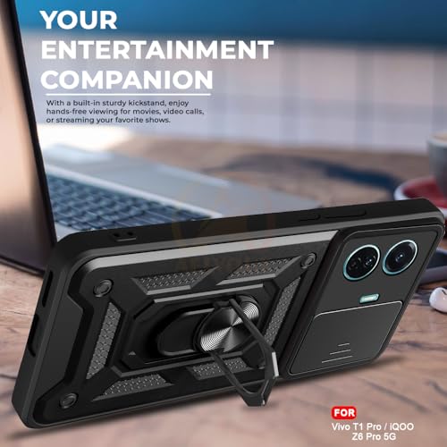 Image of Armor Bumper Back Cover Case for Vivo T1 Pro 5G / iQOO Z6 Pro 5G | Rotating Camera Cover, Ring Holder & Kickstand | Heavy Duty & 360 Degree Protection Back Cover (Black)