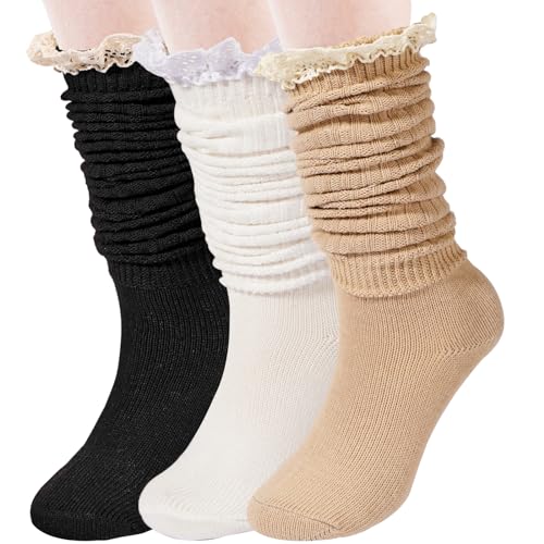 Moon Wood 3 Pairs Slouch Socks for Women Ruffle Frilly Turn Cuff Socks Vintage Knit Scrunch Knee High Boot Socks Size 5-11