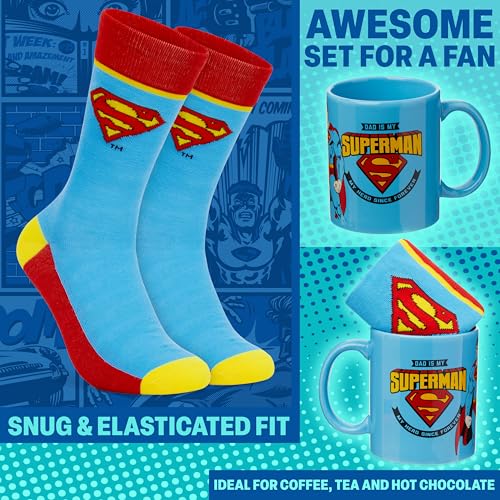 Image of Get Trend DC Comics Superman 11oz Mug and Socks Set, Crew Socks with Ceramic Coffee Mug Microwave Safe, Novelty Gifts for Men, Husband, Boyfriend (Blue /Red Superman)
