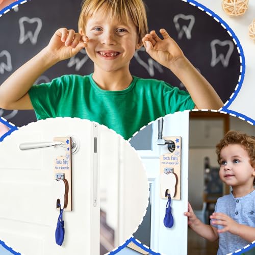 Image of DoubleFill Fairy Tooth Gift Holder Bag Door Hanger Lost Teeth Keepsake Box Tooth Fairy Kit Stores Back to School Gift for Lost Teeth Boy Girl Primary School Classroom Gifts(Classic,Dark Blue)