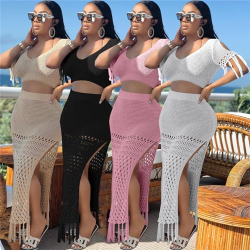 Image of CALEBGAR 2 Piece Outfits for Women Sexy Crochet Tassel Split Midi Dress Summer V Neck Knitted Hollow Crop Tops Y2K Streetwear