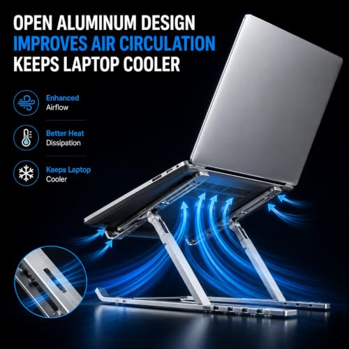 Image of Ergonomic Laptop Stand Aluminum, Foldable Height Adjustable Notebook Holder with Ventilation Design for MacBook, Dell, HP, Lenovo, ASUS & Acer