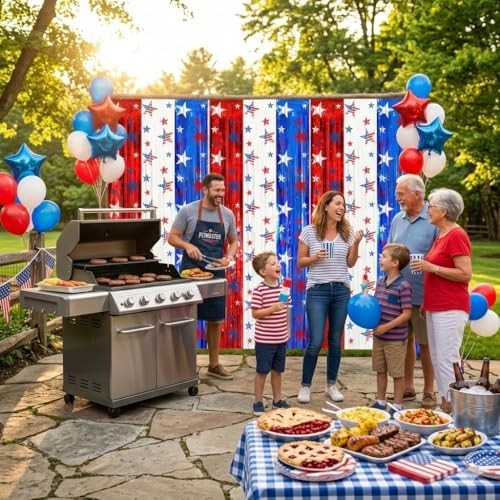 Image of 3 Pack 4th of July Foil Fringe Curtains - Unique Red White Blue Tinsel Backdrop - Patriotic Party Decorations & Photo Booth Supplies for Memorial Day, Veterans Day & Welcome Home Event