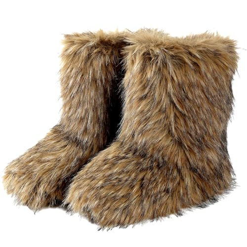 Valpeak Men's Faux Fur Snow Boots, Non Slip Winter Boots, Fluffy Furry Boots For Men, Flat Heel Snow Warm Boots(Brown,8.5)