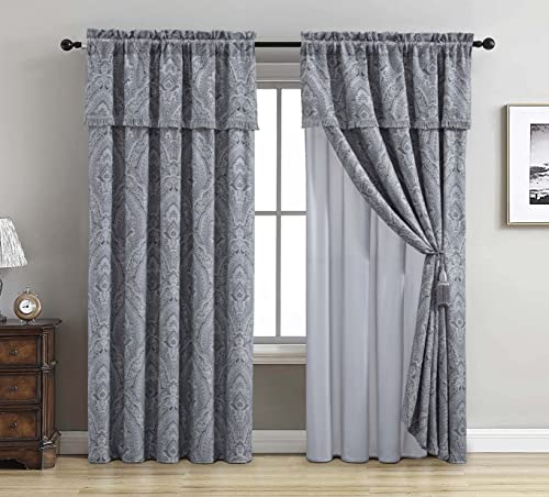 Chezmoi Collection Seville - Juego de 4 cortinas para ventana, diseño de medallón, color gris y negro, con parte trasera transparente, borlas, cenefa