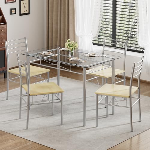 Image of VECELO Dining Table Set for 4, 5-Piece Glass Kitchen Table with Chairs for Small Space, Breakfast Nook, Space-Saving, Silver