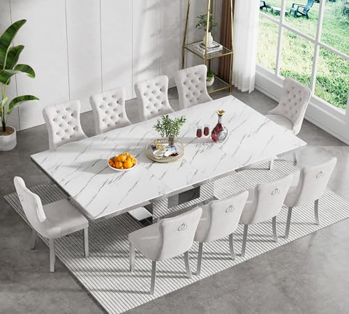 Image of Modern Extendable Dining Table Set for 10, Faux Marble Expandable Table with 10 Beige Velvet Chairs & Silver Mirrored Pedestal Base, 63 inch to 94 inch 3-Position Expansion, 11 Piece Luxury Dining Table Set