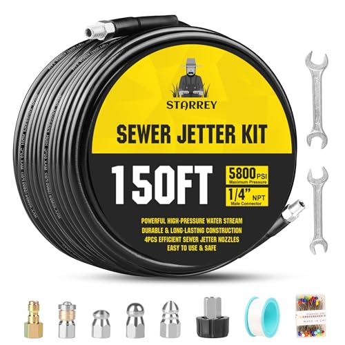 Image of Pressure Washer Drain Jetter - Sewer Jetter Kit for Pressure Washer 150ft 1 /4 Inch NPT Hose Nozzles and Adapter 5800PSI Clears Clogs in Pipes & Sewer Lines