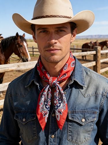 Image of 35 inch Men's Silk Cowboy Scarf - Oversized Western Bandana Neckwear, Large Square Scarf with Gift Packaging