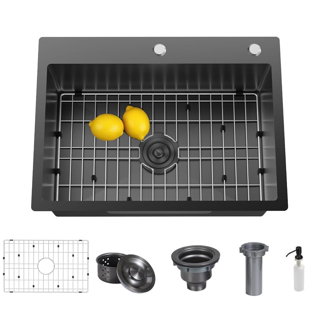 Évier de bar en inox noir encastrable avec grille de fond et bonde de vidage