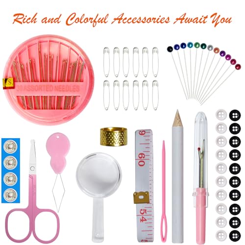 Image of Sewing Kit with Case Portable Sewing Supplies for Home Traveler, Adults, Beginner, Emergency, Contains 18 Sewing Thread, Scissors, Needles, Measure etc (Pink)