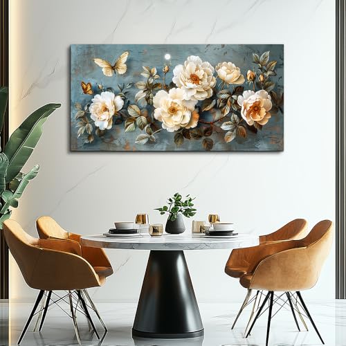 PHAOHUAXM Large Canvas Wall Art For Bedroom Wall Decorations For Living Room Office Decor Abstract Pictures White Flower Dining Room Painting Artwork Modern Framed Posters Home Decoration 24"x48"