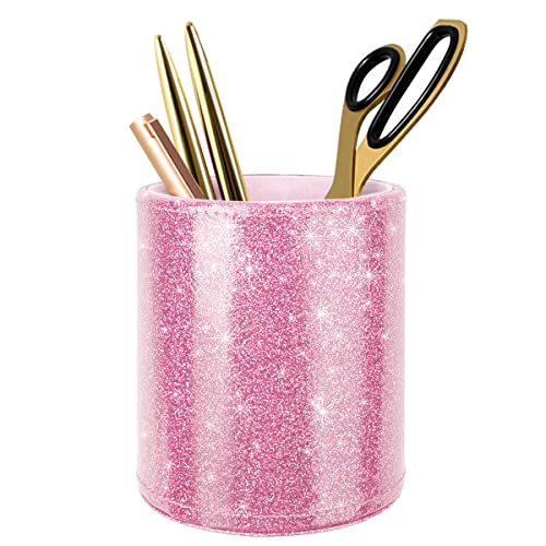Image of Glitter Pen Holder for Desk, Cute Pencil Cup Pink for Women Girls, Luxury Makeup Brush Holder Large Pu Leather Multi-Functional Organizer Cup for Office, Classroom, Home, Glitter Pink