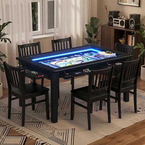 Coperat 63 x 39 Board Game Table with Led Lights for 4-6 Players Dining and Gaming Table Includes Game Mat 6 Cup Holders & Hobby Trays