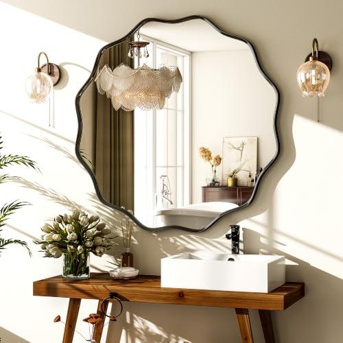 Image of VooBang Black Scalloped Circle Mirror, 36 inch Wavy Edge Round Wall Mirror