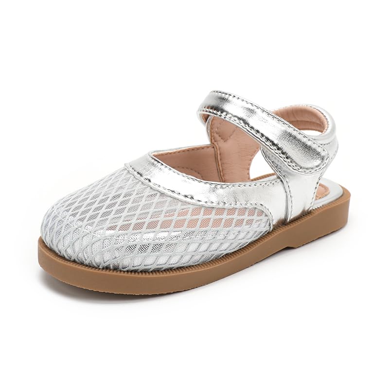 Toddler Girls Mesh Mary Jane Sandals, Hook and Loop Strap, Cream White with Brown Sole