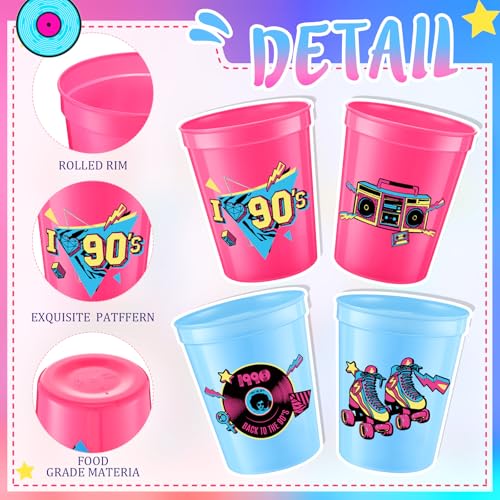 Funnymoom 24 Pcs 90s Theme Cups 16 oz Reusable Thick Retro Disco Party Plastic Drinking Cup Rose Red and Blue Retro Music Throwback Dance Party Decorations Birthday Supplies
