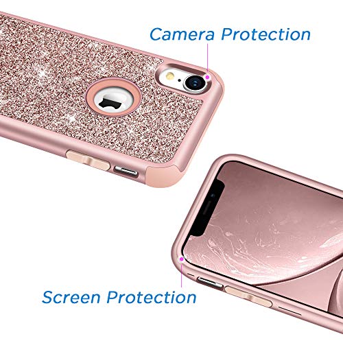 Hython Compatible With Iphone Xr Case, Heavy Duty Full-Body Defender Protective Bling Glitter Sparkle Hard Shell Armor Hybrid Shockproof Silicone Rubber Bumper Cover For Iphone Xr 6.1-Inch, Rose Gold #TOP4