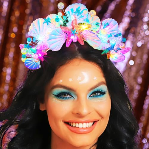 Handcess Leuchtendes Muschel Tiara und Kronen LED Seestern Kronen Stirnband leuchtende Meerjungfrau Kostüm Kopfbedeckung Party Rave Haarschmuck für Frauen