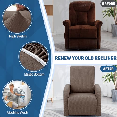 Image of YEMYHOM 3 Pieces Stretch Recliner Slipcover Jacquard Small Recliner Chair Cover with Side Pocket Anti-Slip Fitted Furniture Protector with Elastic Bottom (X-Small Recliner, Light Coffee)
