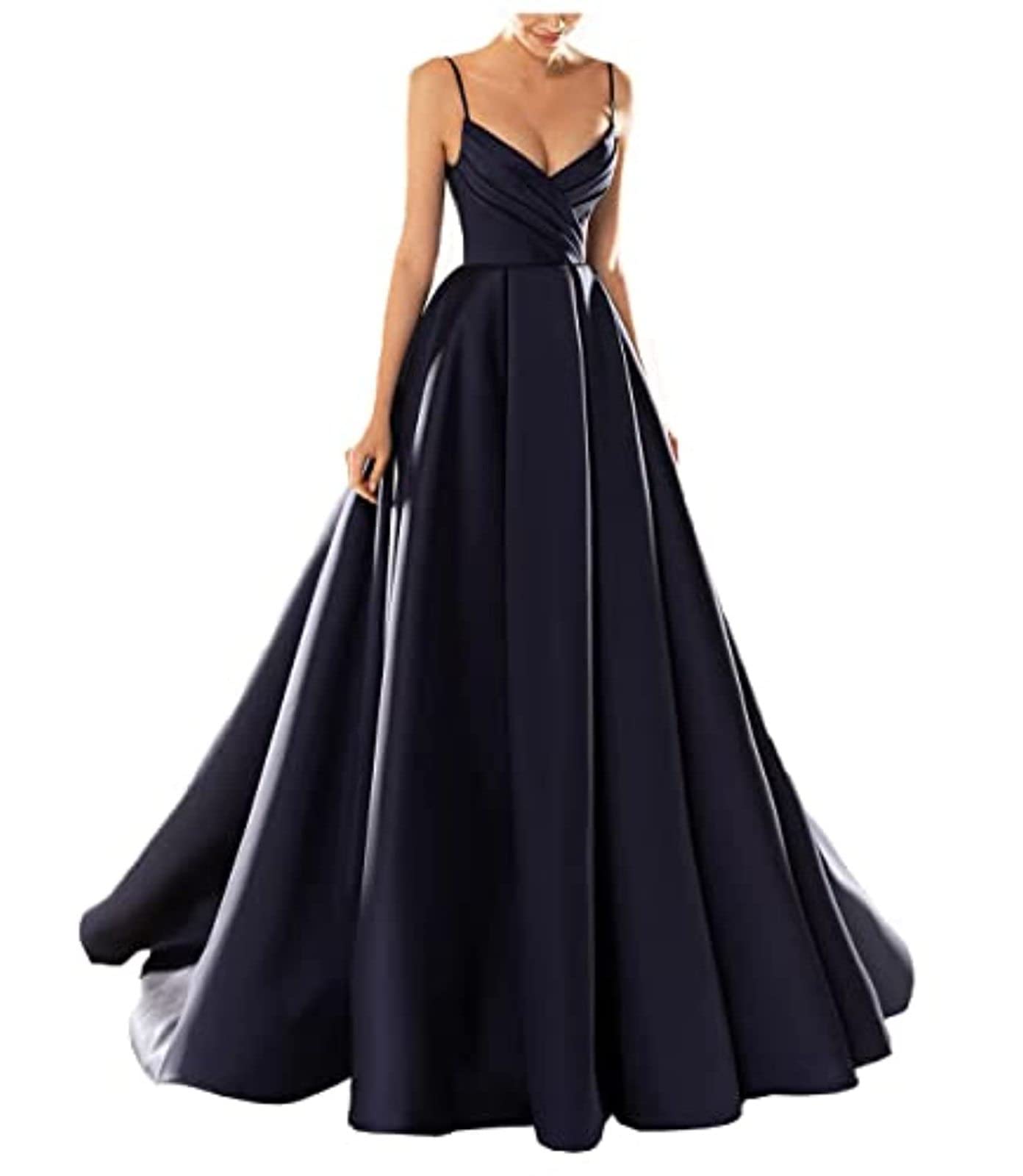 yhfshop Long Evening Dresses,Sexy V-Neck Spaghetti Strap Satin Evening Dress,Navy,US8,Prom Ball Gown Bridesmaids Dresses