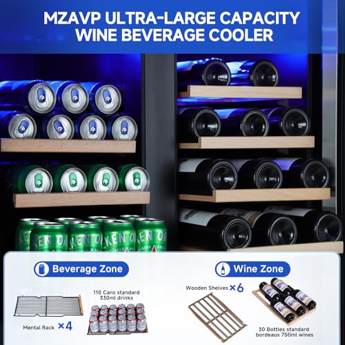 Image of 30 Inch Wine and Beverage Refrigerator, Dual Zone 30 inch Wine Fridge Under Counter /Freestanding, 30 Inch Wide Beverage Cooler with Glass Door, Holds 30 Bottles & 110 Cans for Home Bar Office, Black