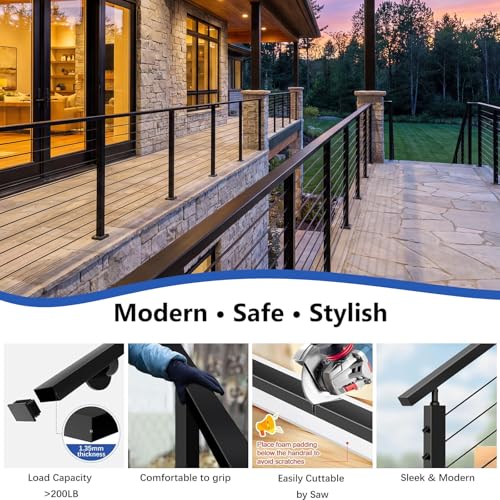 Image of Modular 1Pack 10FT Stainless Steel T304 Black Handrail for Cable Railing with Nylon End Cap Kits, 2.36 inch W x 1.18 inch H Cuttable Flat Handrail Rectangular Top Rail for Stair Railing Indoor Outdoor