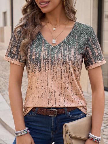Image of Danedvi Women Deep V-Neck Short Sleeve Tops Solid Casual Loose T Shirt