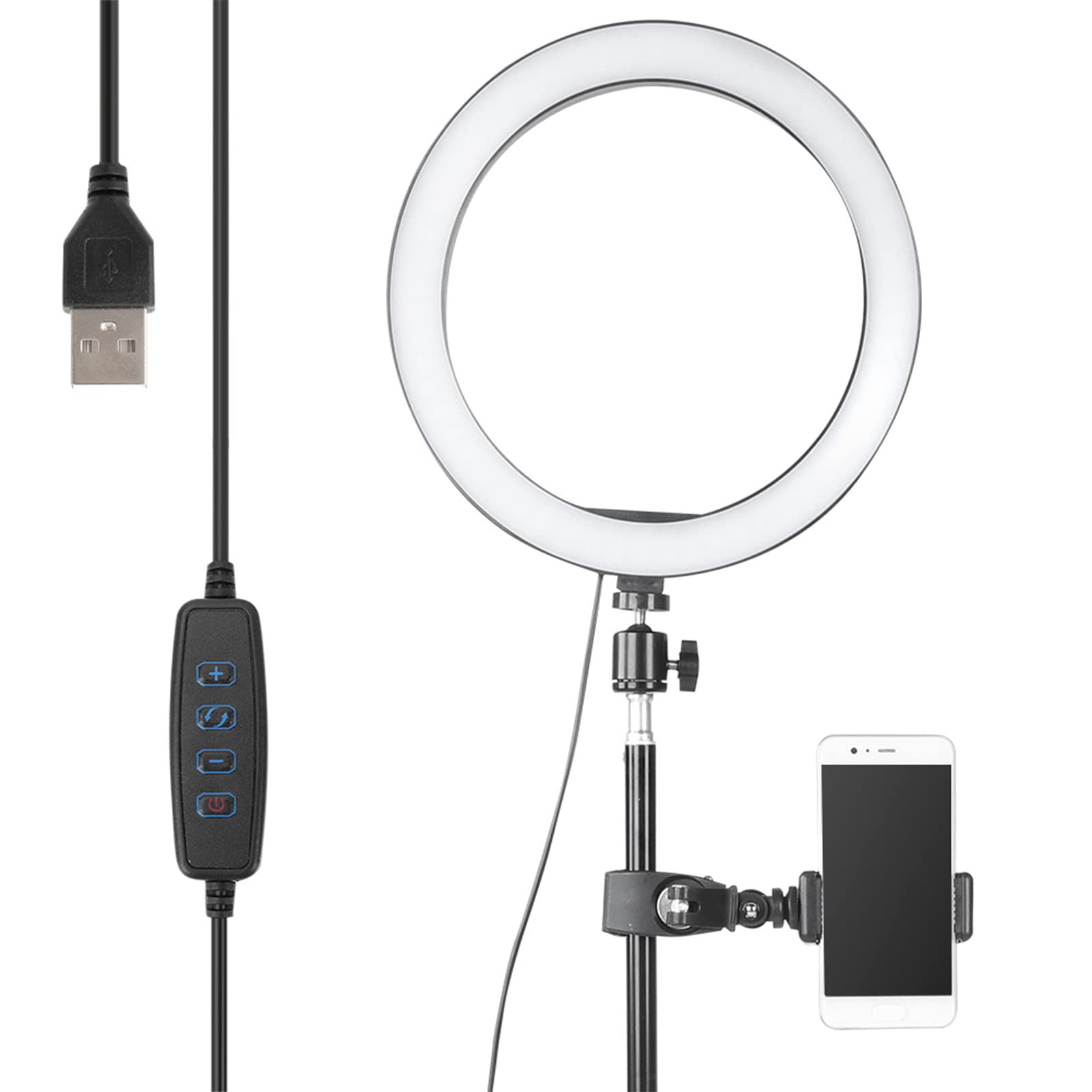 Anello Luminoso LED da 10"con Supporto per treppiede, 3 modalità di Luce dimmerabili Anello Luminoso per Selfie con Supporto per Telefono, Lampada LED per Porta USB