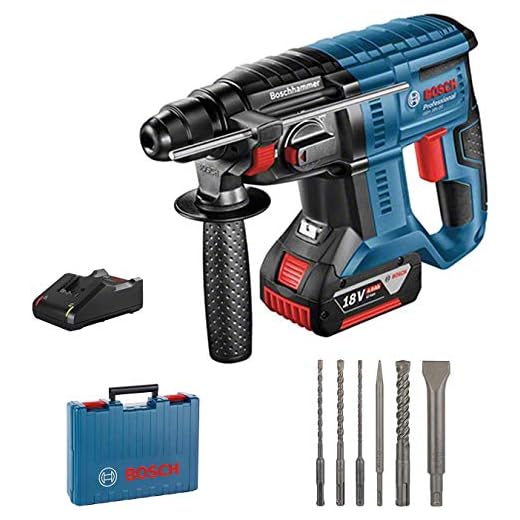 Bosch Professional GBH 18V-20 - Martillo perforador a batería (1 batería x 4,0 Ah, 18 V, 1,7 J, set de 6 accesorios, en maletín)