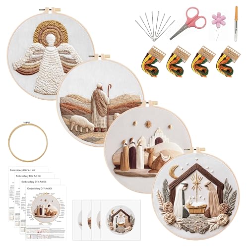 Image of KEKEMEOW 4 Pack Christmas Greetings Embroidery Starters Kit for Beginners Embroidery Starting Sets for Adults with Stamped Patterns Colorful Threads Step by Step Instructions Hoop Needles Tools