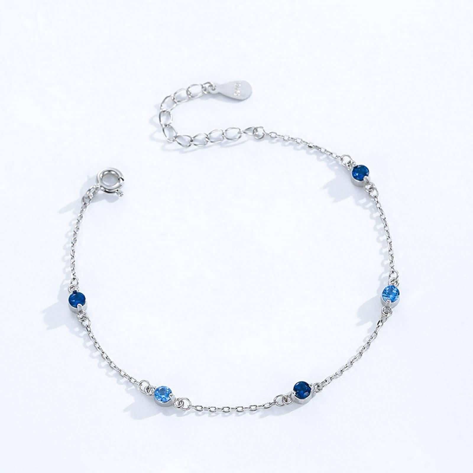 Pulsera para Mujer de Oro Blanco 9K / 14K / 18K, Redondo con Zafiro Creado de 0,35 ct y Topacio de 0,2 ct, Cadena Extensible 16 CM + 5 CM, Pulseras de Ajustable Mujer de Plata Azul