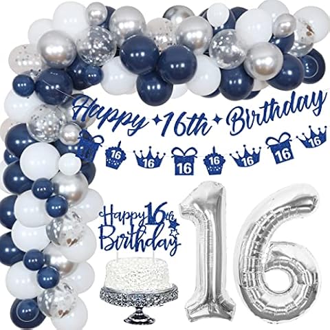 16th Birthday Decorations for Boy or Girl Navy Blue Silver, Happy Sweet Sixteen Birthday Banner and Cake Topper for 16 Year Old Birthday Party Supplies with Number 16 Balloon Garland Kit Cover