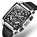 OLEVS Large Face Square Watches for Men Silver Bezel Chronograph Watches with Black Leather Strap Luxury Three Hands Watch Waterproof Calendar Easy Read Luminous Men's Quartz Watch Reloj De Hombre